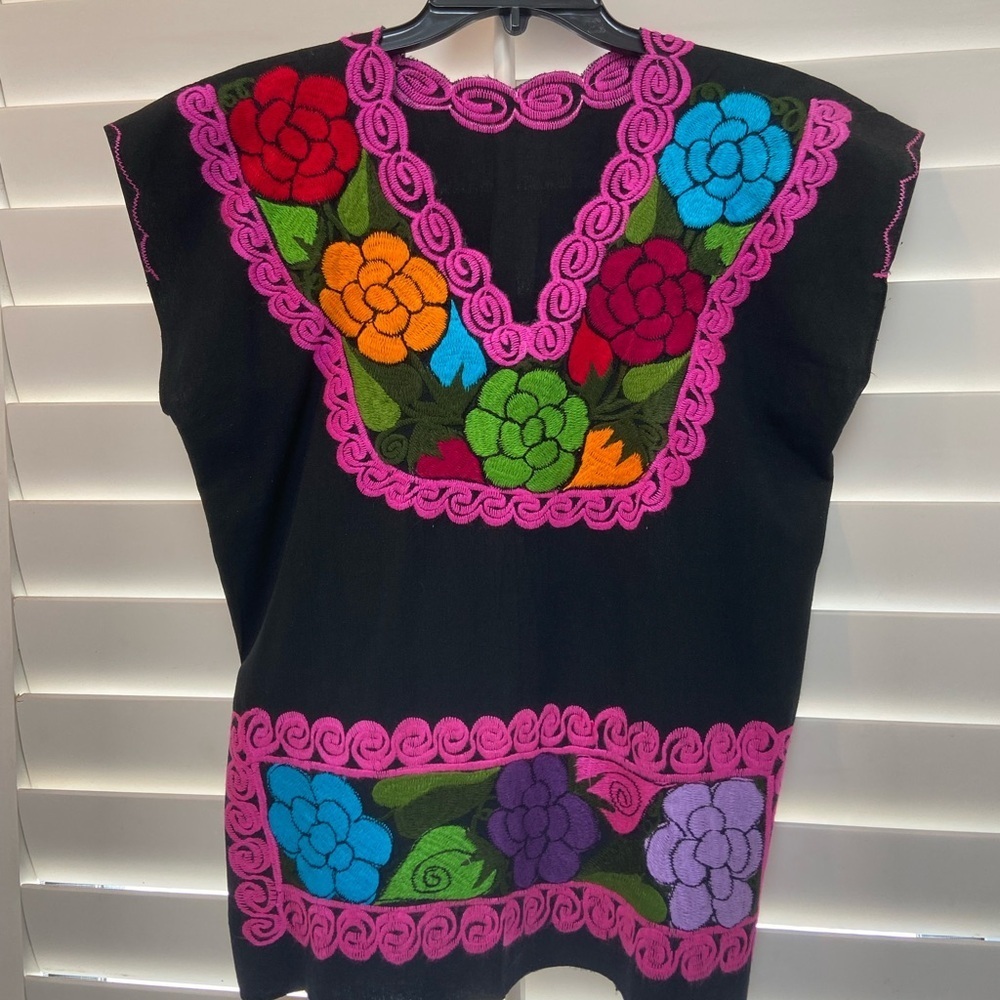 Colorful Embroidered Black Tunic Tank Made in Mexico Patchwork Embroidered